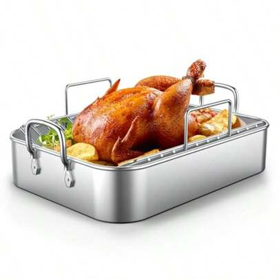 D Roasting Pan17*13'' Stainl Steel Turkey Roaster With Rack - Deep Broiling Pan And V-Shaped Rack And Flat Rack  And Heavy Duty Great For Thanksgiving Christmas Roast Chicken Meat Lasagna