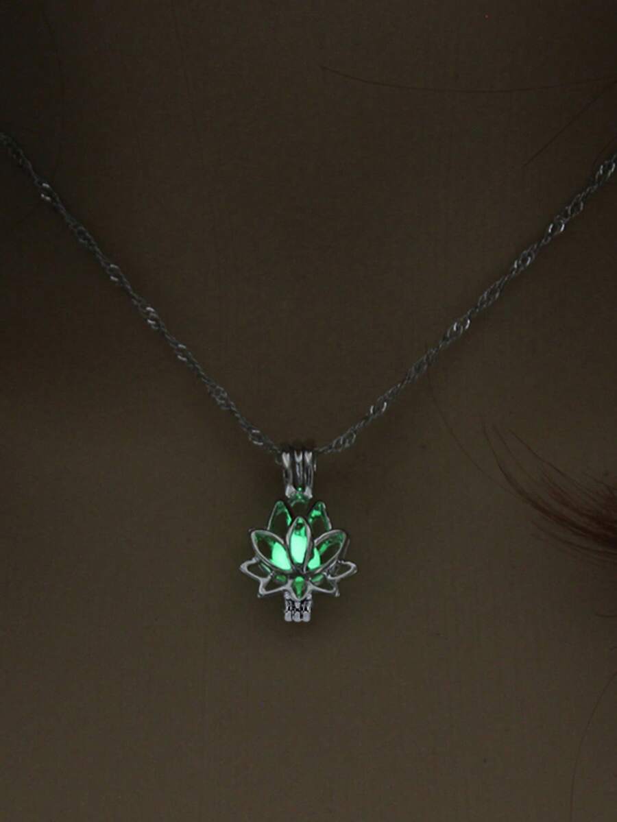 1件装镂空莲花夜光吊坠项链，适合女性日常、派对、聚会和约会佩戴 - 銀色 - 查看 1