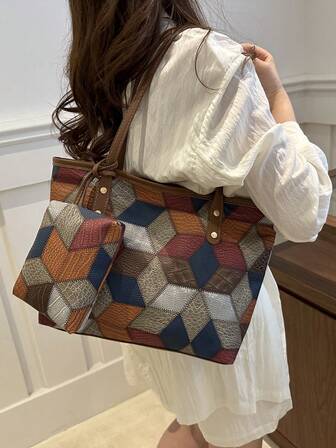 Women's Fashion Commuter PU Tote Bag, High-End Colorblock Texture Versatile Handbag, Minimalist Portable Shoulder Bag For Office Lady, Commuting, Dating, Outing, Shopping, Vacation, With Inner Pouch