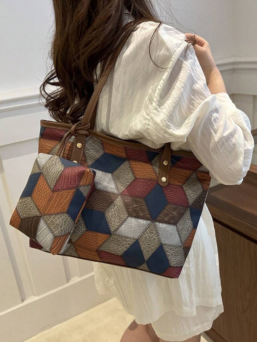 女士时尚通勤PU手提包，高端撞色纹理百搭手提包，简约便携单肩包，适合OL、通勤、约会、外出、购物、度假，带内袋 - 彩色 - 查看 1