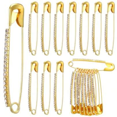 10Pcs Gold Rhinestone Safety Pins Shiny Rhinestone Brooch Decorative Pins For Women Ideal For Adding Glamour To Sweaters Scarves Skirts Lapel Hats Suit Jackets And Clothing Accessories Perfect Fashion Statement Piece For Everyday Wear And Special Occasions