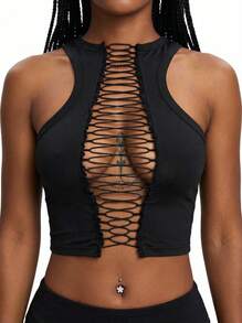 Blazique Sexy Solid Cut Out Front Strappy Backless Crop Tank TopNew Year - Black - View 2