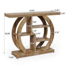 LITTLE TREE 108cm Light Oak Brown 4-Tier Wood Console Table, Circle Base Entryway Sofa Table With Storage Shelves For Living Room Hallway - Brown - View 2