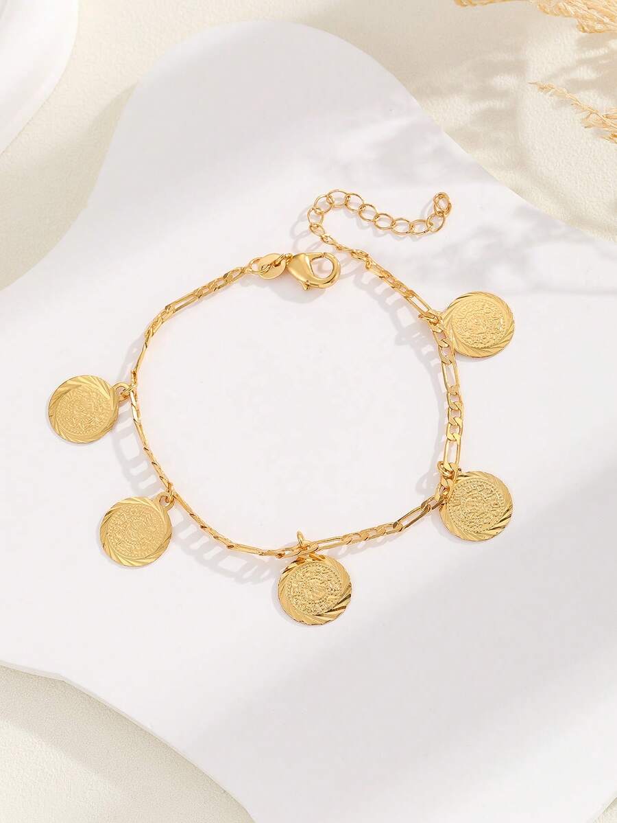 1件镀金独特闪亮个性化多功能链条圆环吊坠手链 - 金色 - 查看 1