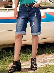 Newv Style 女士做旧水洗牛仔七分裤 - 休闲百搭，破洞细节设计，夏季必备 - 深色水洗藍 - 查看 4