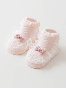 1 Pair Baby Socks, Yellow And Pink Lace Trim Bowknot Princess Design, Lightweight Spring/Summer - Pink - View 7