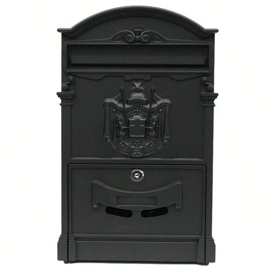 LARGE VINTAGE OUTDOOR LOCKABLE LETTER POST BOX MAILBOX WALL MOUNTED SECURE MAIL - Black - View 1