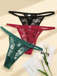 5条装女士花卉蕾丝丁字裤，性感低腰舒适透气内裤