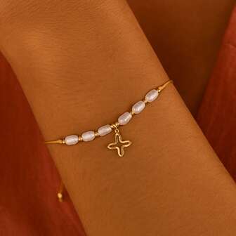 1PC Bohemian Copper Bead Bracelet, Faux Pearl Bracelet, Four Pointed Star Bracelet Gold Bead Bracelet, Adjustable Bracelet, Fabric Woven Bracelet, Lucky Bracelet, Stackable Bracelet, Couple Bracelet, Friend Gift, Birthday Gift, Friend Gift, Sisters Bracelet, Family Gift, Valentine's Day Gift, Christmas Gift, Anniversary Gift