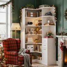 Corner Bookshelf, 76" Tall Corner Bookshelves, 6 Tiers L-Shaped Bookcase With 10 Open Shelves And 2 Storage Drawers For Living Room Or Home Office - White - View 3