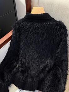 JIANHU Korean Style Fuzzy Knit Cardigan – Fall Winter Soft Faux Fur Sweater With Scalloped Trim And Pearl-Like Buttons, Cozy High Neck Jacket For Daily Looks - Black - View 6