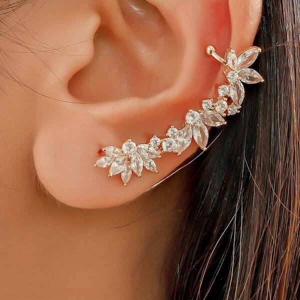 1pc Asymmetrical Rhinestone Flower French Style Earrings, Unique Design, Suitable For Autumn/Winter