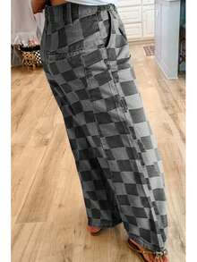 Checkered Zipper Pocketed High Waist Wide Leg Jeans - Màu xám đen - Xem 2