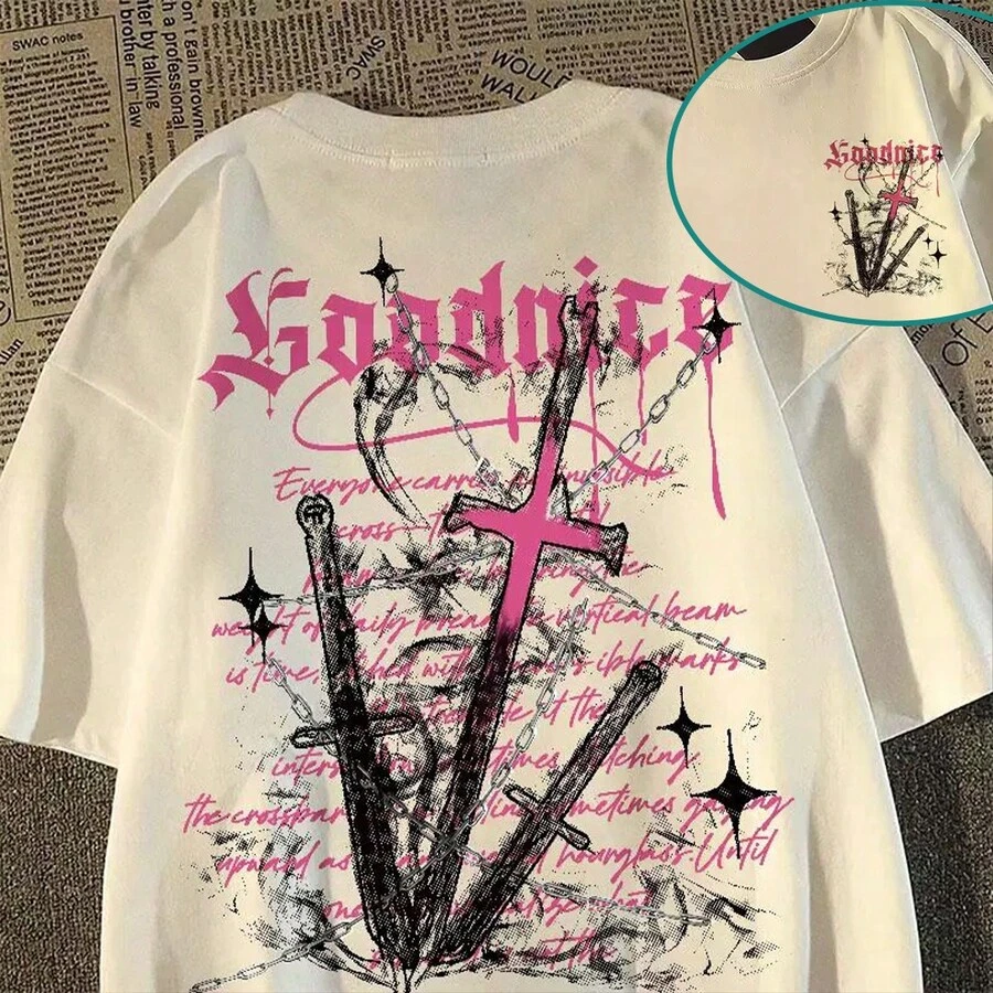Unisex Black Oversized T-Shirt "Gothic Pink, Black And Rose Cross Graphite" Sweet And Daring Dark Style - 白色 - 查看 1