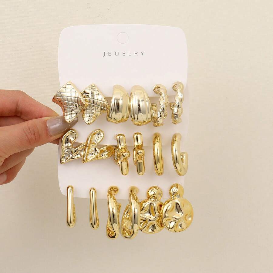 1-9 pares de pendientes, pendientes de estilo occidental, pendientes de aro geométricos irregulares, hechos de resina, adecuados para que las chicas los usen a diario en línea. - Dorado - Ver 1