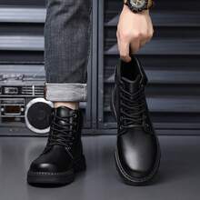 Men's High Top Combat Ankle Boots, Side Zipper Lace Up Faux Leather Casual Work Boots, Non-Slip Wear-Resistant Thick Sole Outdoor Hiking Boots For Men Fall Winter Daily Wear - 黑色 - 查看 5