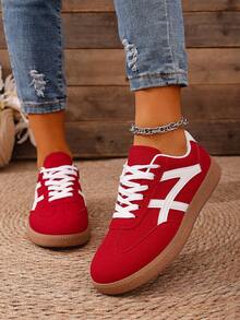 Women's Casual Criss-Cross Lace-Up Flat Athletic Sneakers, Classic German-Inspired Design - Red - View 1