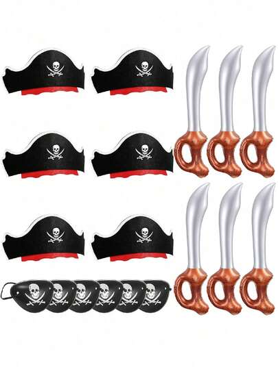 18pcs/6sets - Pirate Theme Party Supplies, Including Pirate Hat, Pirate Eye Patch And Inflatable Pirate Sword, Suitable For Caribbean Pirate Themed Roleplay Party, Halloween, Birthday, Christmas Decoration, As Well As Thanksgiving, Harvest Festival, Also Can Be Used As Gifts And Decorations, Suitable For Autumn Season. (The Product May Have A Slight Odor. After Receiving The Goods, You Can Place Them In A Ventilated Place To Air Out The Smell.)