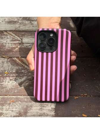 Fashionable Striped Black & Pink Dual-Layer Phone Protective Case, Compatible With IPhone 17, 17 Pro Max, 17 Pro, 17 Air, 16, 16e, 16 Pro Max, 15, 15 Plus, 15 Pro Max, 15 Pro, 14, 14 Pro, 14 Pro Max, 14 Plus, 13, 13 Pro Max, 13 Pro, 11, 12, 12 Pro, 12 Pro Max, XS, 8 Plus, 7