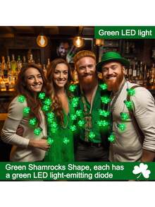 9颗LED绿色四叶草项链，圣帕特里克节发光项链，圣帕特里克节派对礼物，金属绿色珠子项链，男女皆宜 - 綠色 - 查看 4