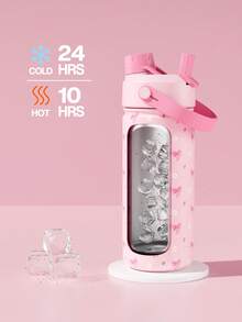 Powcan 18/26/40 盎司保温水瓶，带二合一吸管和吸嘴盖，24 小时保温，防漏，可放入车载杯架，不锈钢材质，适合运动、旅行和上学（甜心蝴蝶结） - 18oz粉紅雛菊蝴蝶結 - 查看 3
