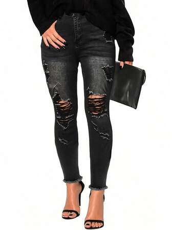 Calça Jeans Casuais Sexy e Longos com Detalhes de Botão e Média Elasticidade, Design Desgastado