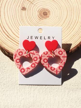 1 par de pendientes de acrílico con forma de corazón, diseño romántico y sexy con textura cerámica y estampado de letras XO para el Día de San Valentín de las mujeres