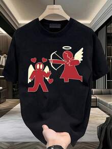 Camiseta para hombre, cuello redondo, manga corta, estampado ángeles con corazones, diseño minimalista romántico , ideal para días tranquilos, reuniones casuales, look ligero sofisticado, moda clásica viral,  de amor minimalista, regalo para novio tierno, hombre adulto, camiseta informal, ropa de primavera, ángel minimalista, corazón delicado,ropa de hombre,parejas,envio nacional,regalo para hombre,oversize hombre. - Negro - Ver 1