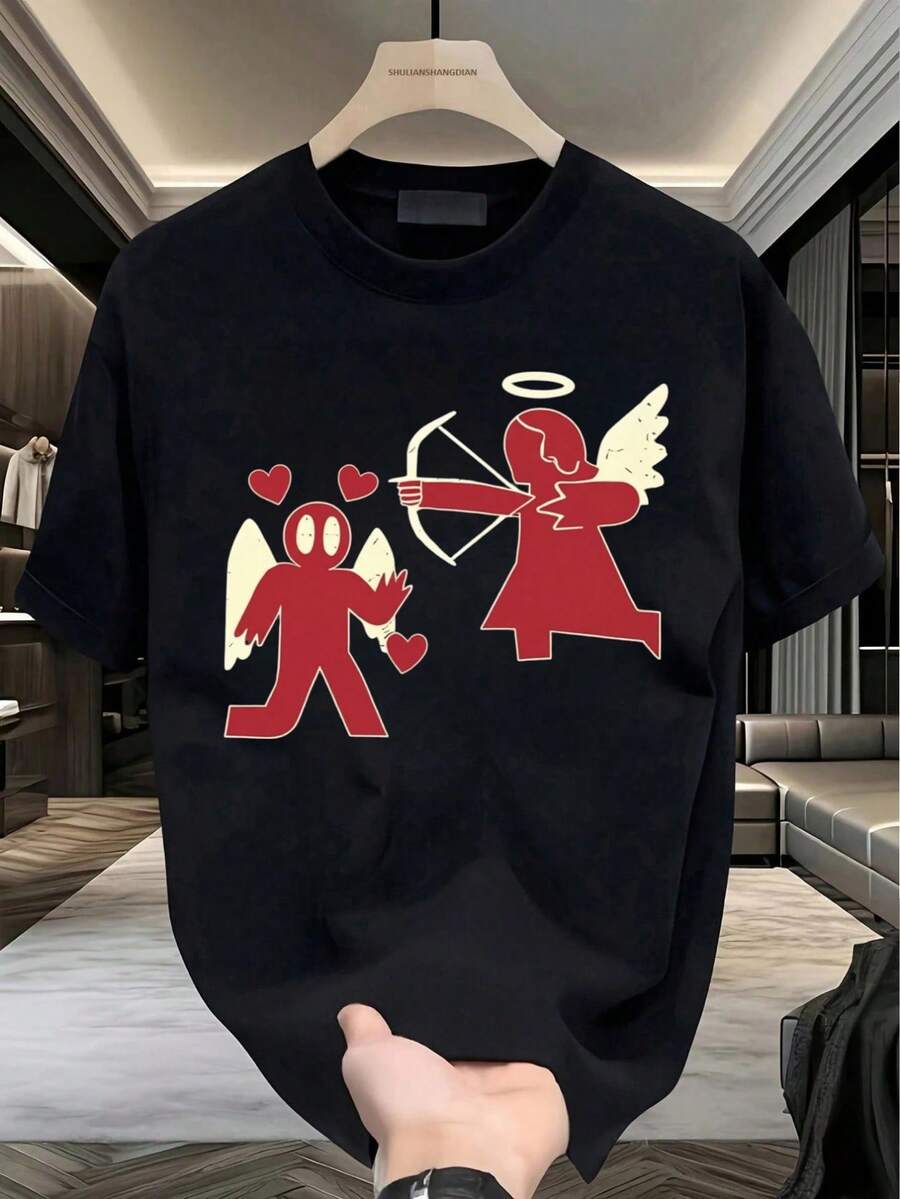 Camiseta para hombre, cuello redondo, manga corta, estampado ángeles con corazones, diseño minimalista romántico , ideal para días tranquilos, reuniones casuales, look ligero sofisticado, moda clásica viral, de amor minimalista, regalo para novio tierno, hombre adulto, camiseta informal, ropa de primavera, ángel minimalista, corazón delicado,ropa de hombre,parejas,envio nacional,regalo para hombre,oversize hombre. - Negro - Ver 1
