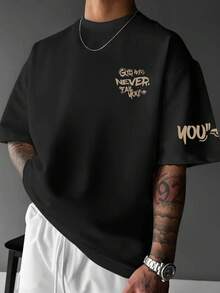 FRACTYR 男士夏季时尚简约“Never”字母印花短袖T恤 | 基础款街头休闲百搭上衣 - 黑色 - 查看 5