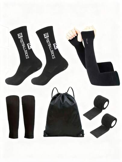 5件套：足球中筒腿套+防晒臂套+防护腿套+运动绷带+抽绳背包，男女通用专业防滑粘胶腿套，适用于足球、跑步和户外活动