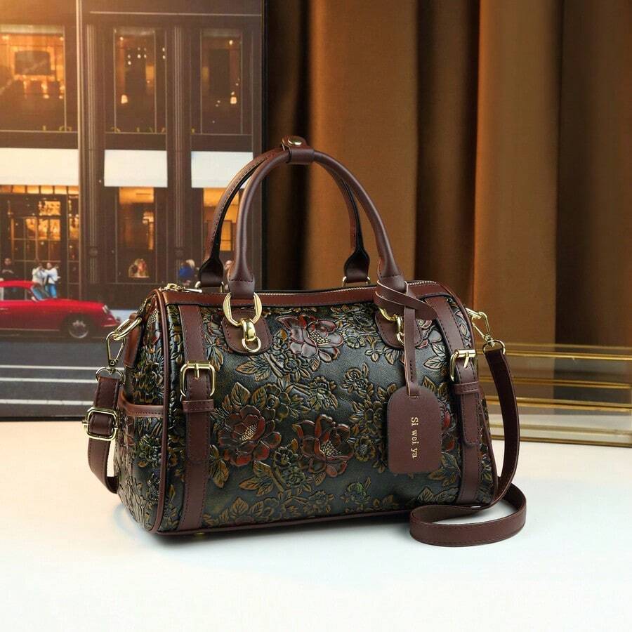 2026新款复古花卉大容量手提枕包，手绘渐变雕花女士波士顿枕形通勤包 - 咖啡 - 查看 1