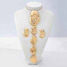 Bộ 3 chiếc/Bộ dây chuyền và hoa tai mặt sóng nhiều đĩa thời trang thu hút sự chú ý, thích hợp cho phụ nữ đeo khi dự tiệc - Vàng - Xem 4