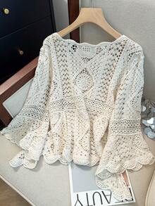 JIANHU Boho Dream Crochet Lace Kimono With 3D Geometric Floral Pattern And Wavy Fringe Hem Featuring Oversized Off Shoulder Design Perfect For Beach Holidays And Cafe Outings Summer - Apricot - View 3