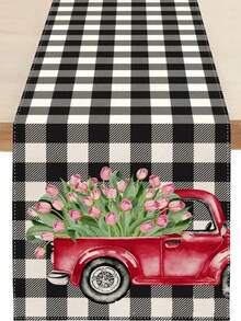 1 pieza Camino de mesa de San Valentín a cuadros (183cm/72in * 33cm/13in) - Tela con sensación de lino, camión rojo vintage y patrón de corazón (opciones de cuadros blanco y negro/rojo y negro), resistente a las manchas y reutilizable, ideal para mesas de comedor de restaurantes/salas de estar, también adecuado como decoración central para la cena de San Valentín/aniversario/cumpleaños - Multicolor - Ver 11