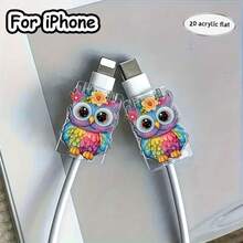 2/4/8pcs Cute Cartoon Owl Pattern Cable Protector, Fashionable Saver, Acrylic Material, Protect Charging Head, Earphone, Phone Cables From Breaking, Extend Data Cable Lifespan, Compatible With Android Type-C/Apple 20W Fast Charging Cable - Colorful Owl - View 11