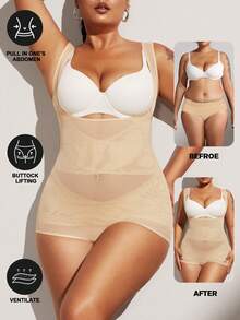 1pc Plus Size Women Breathable Mesh Waist Cincher Bodysuit, Body Shaper - Apricot - View 6