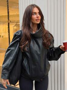 Women's Fashionable Street-Style Black Leather Jacket, New Autumn/Winter Long Sleeve Motorcycle Jacket