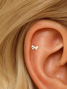 1Pc 925 Sterling Silver Elegant And Stylish Bow Cubic Zirconia Stud Earring Flat Back Cartilage Helix Piercing Fine Jewelry Suitable For Women'S Daily Wear Parties, And Wedding Occasions - Gold - View 6