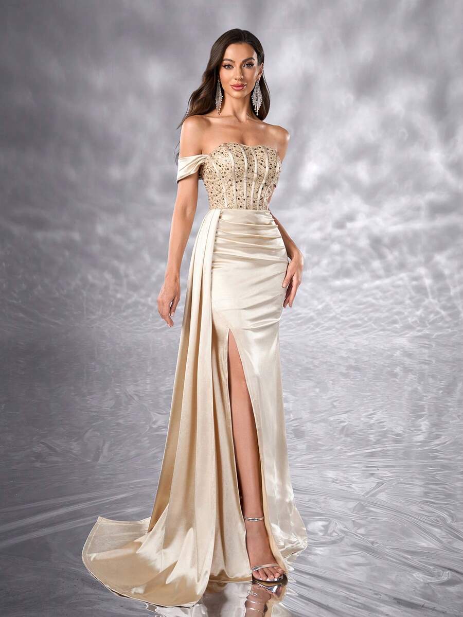 Elegant Women's Open Shoulder Satin Long Formal Dress, Thigh-High Slit, Sequin Decor, Sleeveless Party Dress Wedding Spring