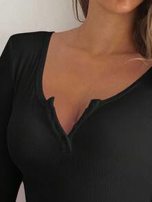 Vaiaye Women's V-Neck Button Solid Color Minimalist Jumpsuit - Slim Fit Long Sleeve Short Jumpsuit, Suitable For Fitness, Sexy Versatile Outdoor Sports, Valentine's Day Spring/Summer Long Sleeve Knit Jumpsuit - Black - View 7