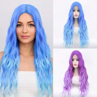 Joyluck Blue Role-Playing Wig, Designed With A 28 Inch Long Curly Simulated Scalp, Suitable For Women's Gatherings, Costumes, Anime Performances, And Other Special Occasions, Made Of Synthetic High-Temperature Fiber Silk Wig