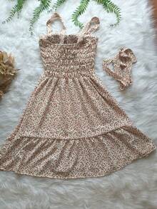 Vestido Estampado Feminina Com Bojo Curto Soltinho Com Cinto  Tecido TUNA Novo Modelo Verão - Bege-2 - Visão 2