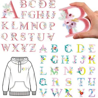 1/26pcs Computer Embroidered Flower & Colorful English Letter Patches, Clothing Accessories Decorative Applique Stickers