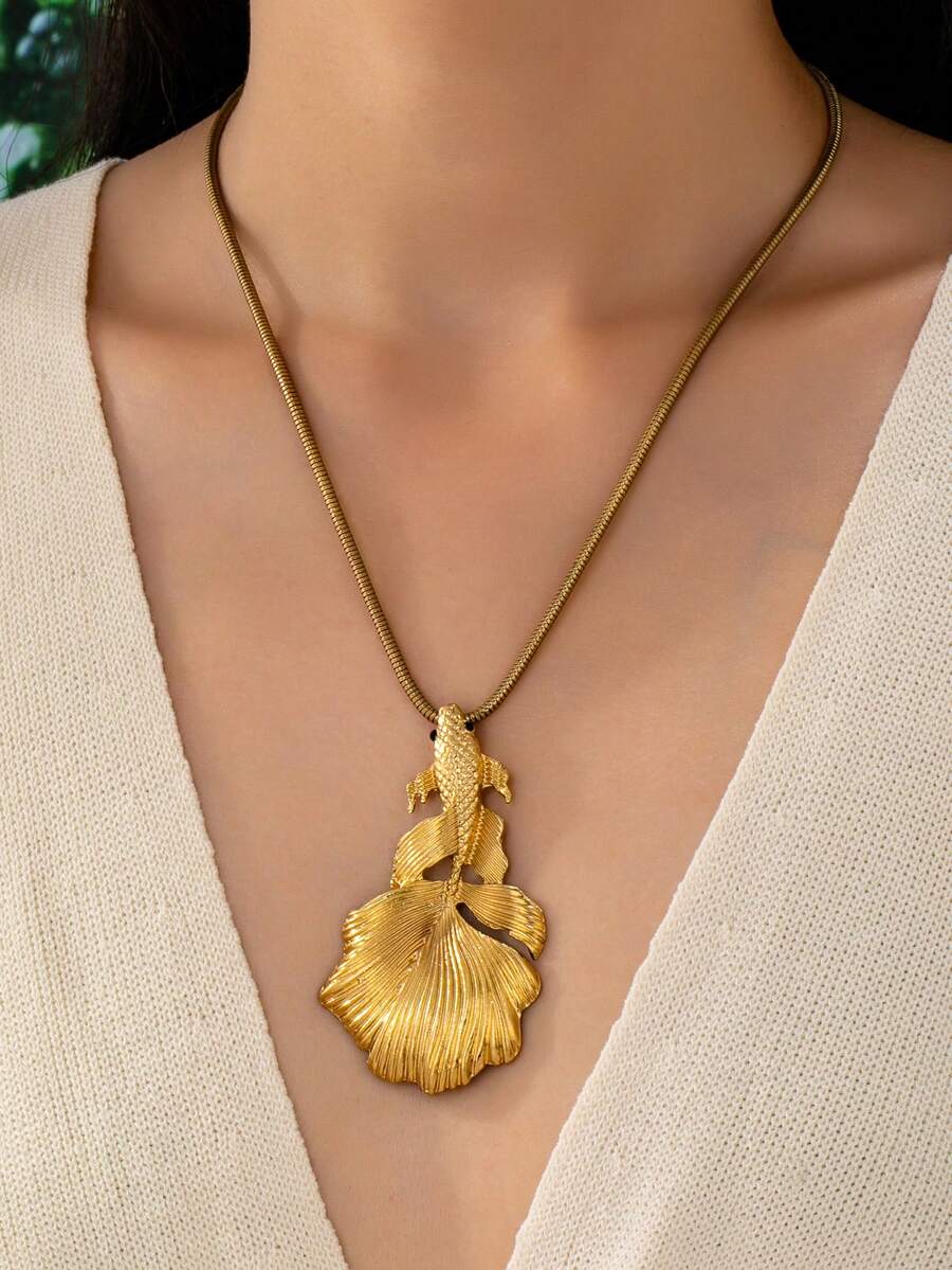New Gold Big Tail Koi Fish Long Necklace, Suitable For Banquet And Party Wear