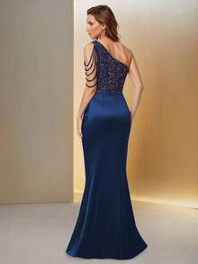 HOMEYEE Autumn/Winter Fashion Sexy Asymmetrical Shoulder Hollow-Out Sequin Patchwork Stretch Satin Elegant Luxurious Formal Evening Gown, Cocktail Party Dress, Wedding Guest Dress For Ladies