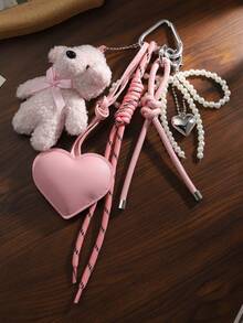 1pc Cute Girly Little White Bear Silvery Bead Bow Bag Charm, Super Pretty Heart Keychain Pendant, Cute Stuff Teddy Bear Keychain, Cute Gift Idea, Bag Decoration, Kawaii Charm, Feminine Design, Beaded Pendant, Stylish Keyring, Heartshaped Pendant, Decorative Keyring, Women, Gift Shoppers (The Number Of Knots In The Rope Weaving Is Random)