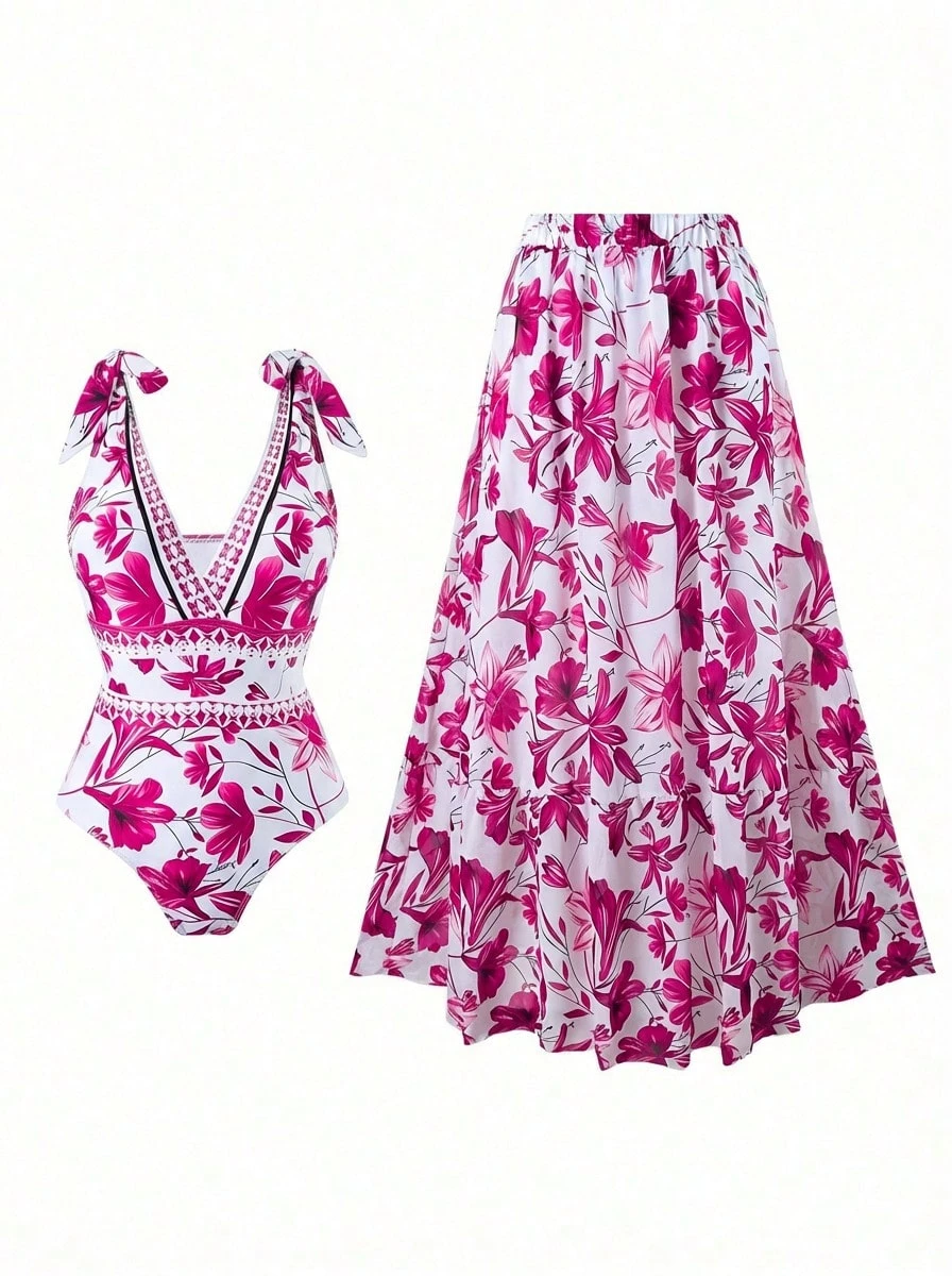 Allurini 2024新款欧美跨境女士连体泳衣，带裙摆，时尚显瘦，性感优雅 - 玫紅色 - 查看 1