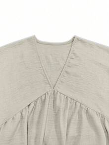 HUTENER Women's Solid Color Casual Knotted Ruffle Hem Beach Dress, V-Neck, Lantern Sleeve, Short Stylish Dress, Suitable For Spring & Autumn Daily Wear - Light Grey - View 5