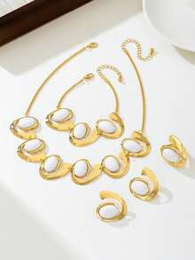 5件套珍珠镶嵌E形项链、手链、耳环、戒指，简约复古优雅时尚首饰套装，适合送礼、派对、宴会及日常佩戴 - 瓷白. - 查看 3